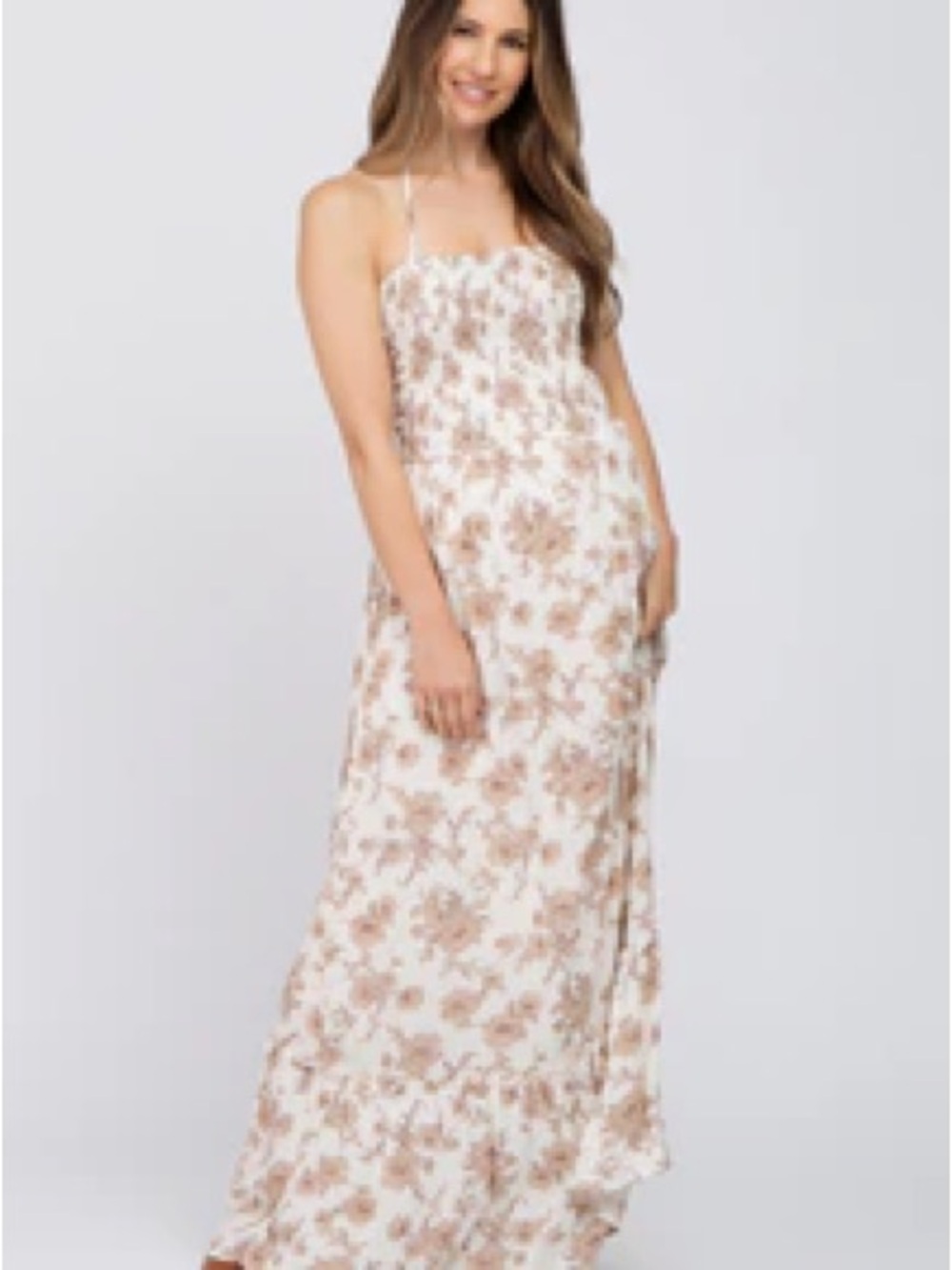 Beige Floral Smocked Halter Back Cutout Maternity Maxi Dress